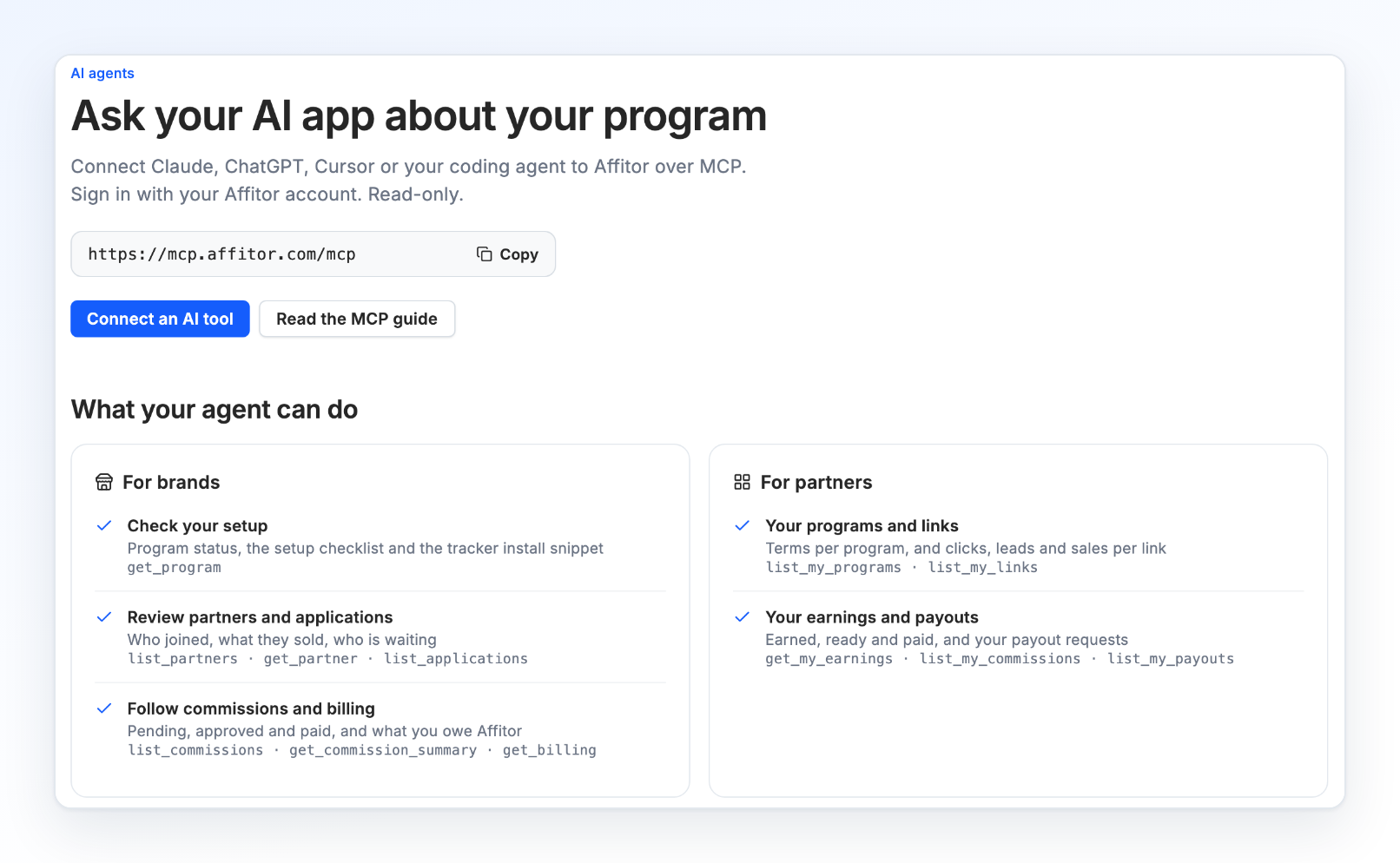 The AI agents page with the server address and a Copy button, and what an agent can do for brands and for partners